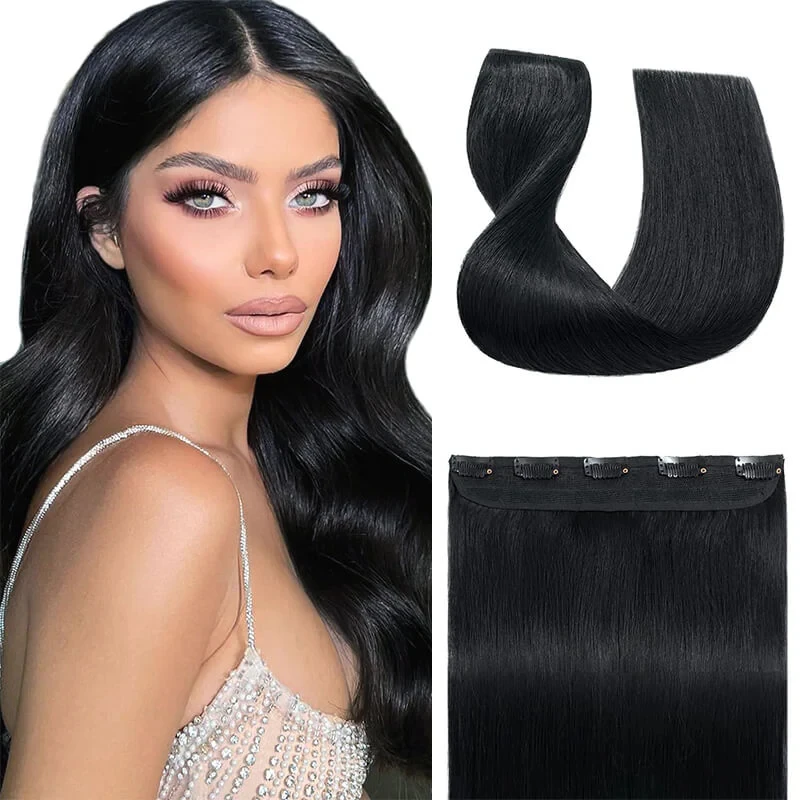 

Clip In Hair Extensions Real Human Hair Color #1B Straight Hairstyle Hairpiece With 5 Clips Extensions For Women 110g 16-26inch