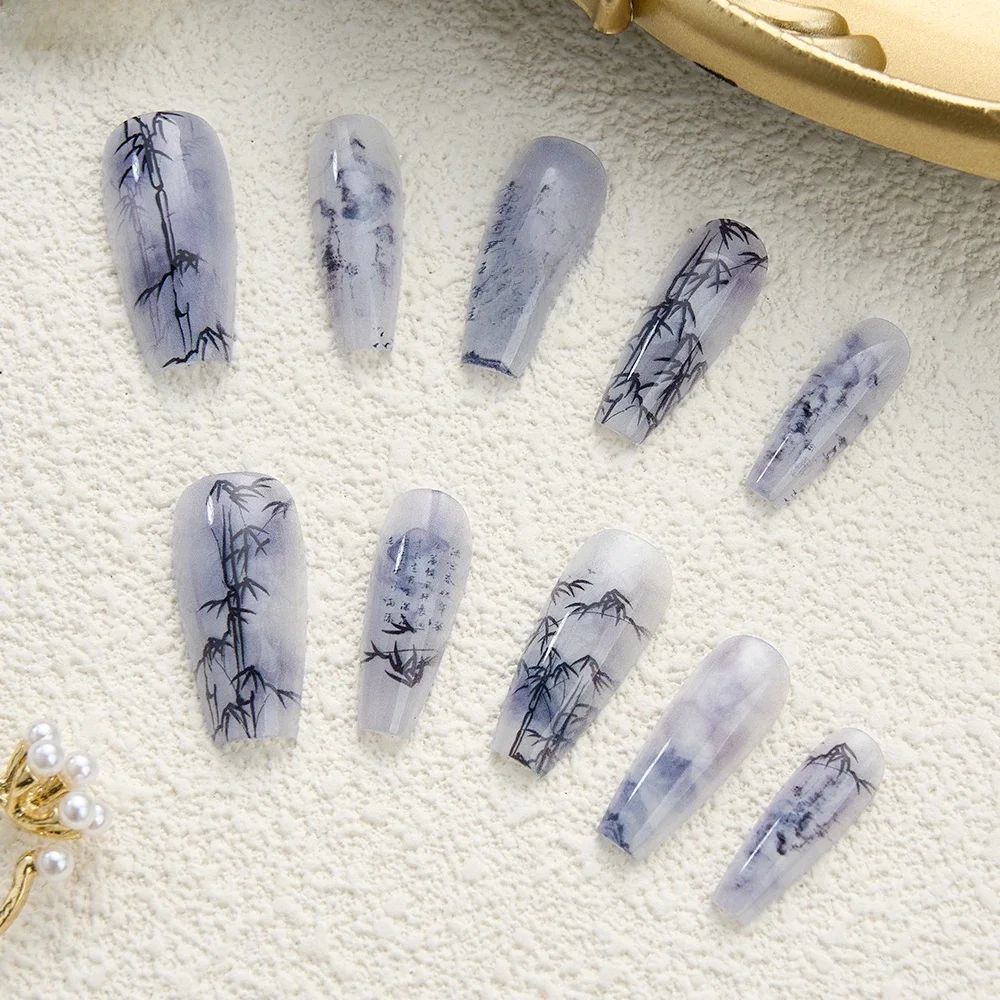 10 pièces bambou Style chinois Fasle ongles poésie peinture conception presse sur ongles ensemble réutilisable couverture complète acrylique ongles Art pour les femmes