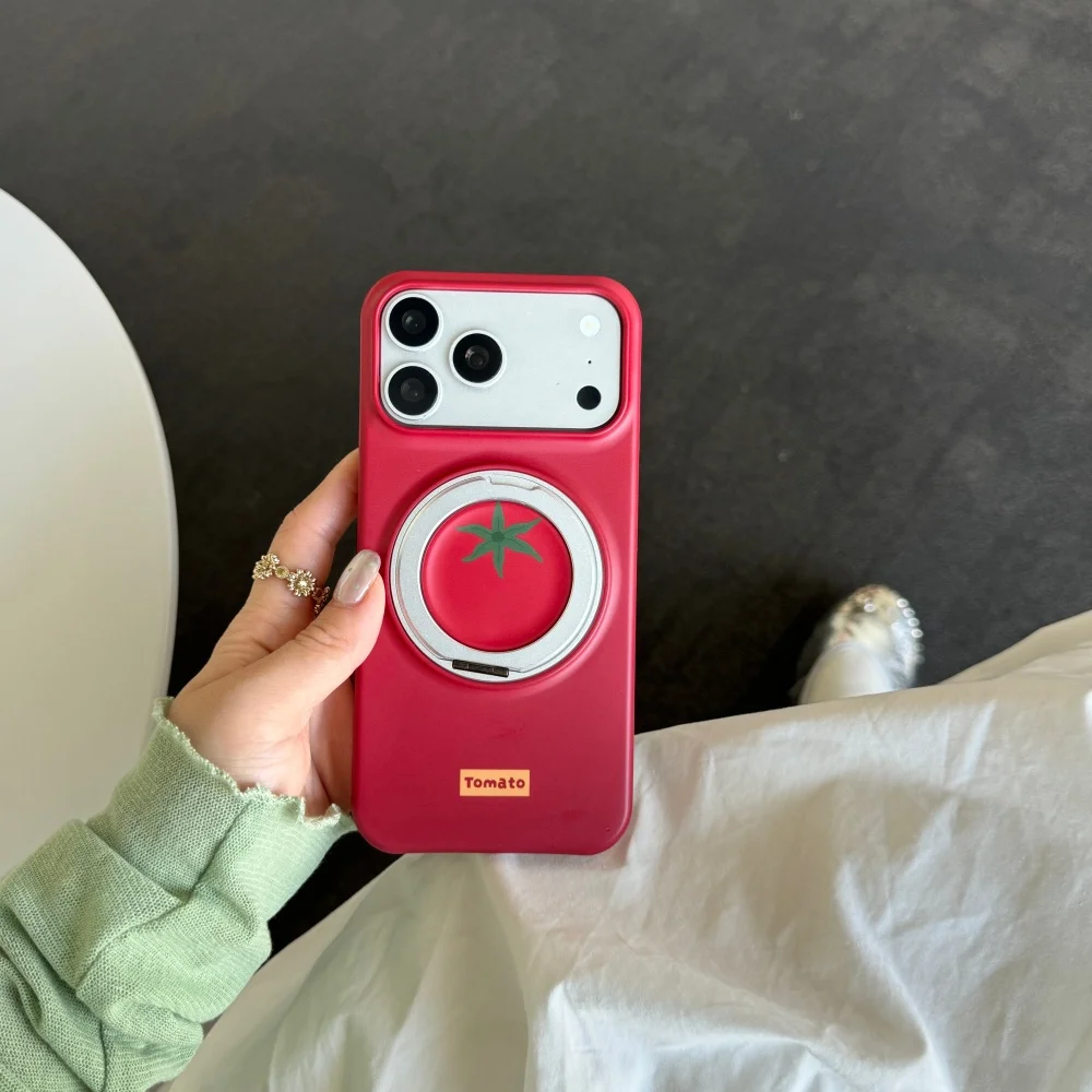 

Korean INS Vintage Red Tomato Print Phone Case Compatible with iPhone 17 Pro 16 Max 15 16 17 Pro Max 15 Pro with Magnetic Stand