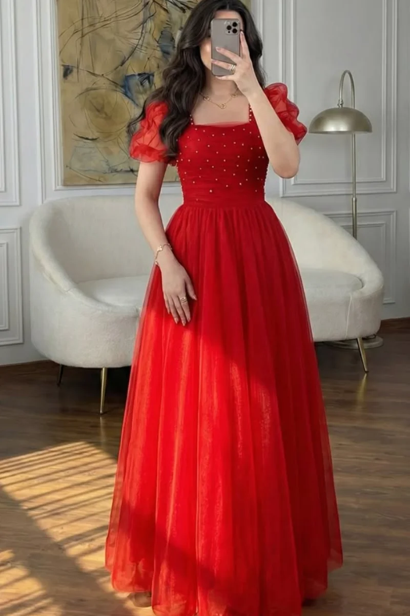 Jessica Sweetheart Red Evening Dresses Handmade Pearls Prom Dresses A-line Sheer Fabric Formal Occasions Party Dresses