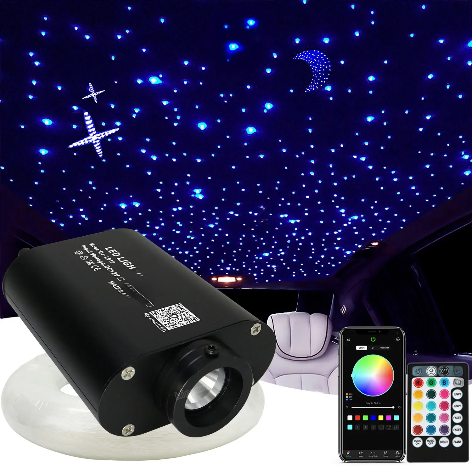 Zestaw światłowodowego oświetlenia sufitowego DC12V 16W RGBW z aplikacją, mieszane światłowody, kabel, silnik LED do dachu samochodu, oświetlenie światłowodowe imitujące gwieździste niebo. — zdjęcie 2