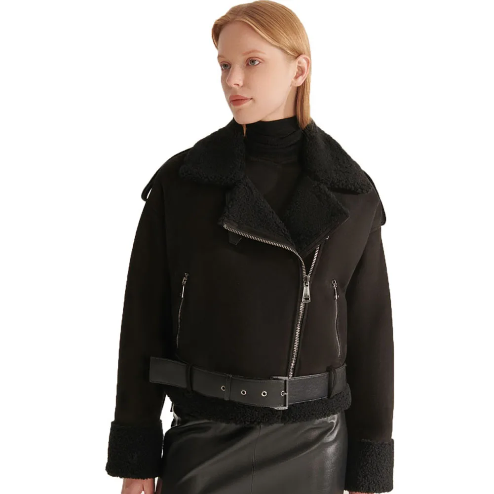 Denny&Dora Shearling-jas voor dames - Normaal leren jack met zwarte revers, echt bont