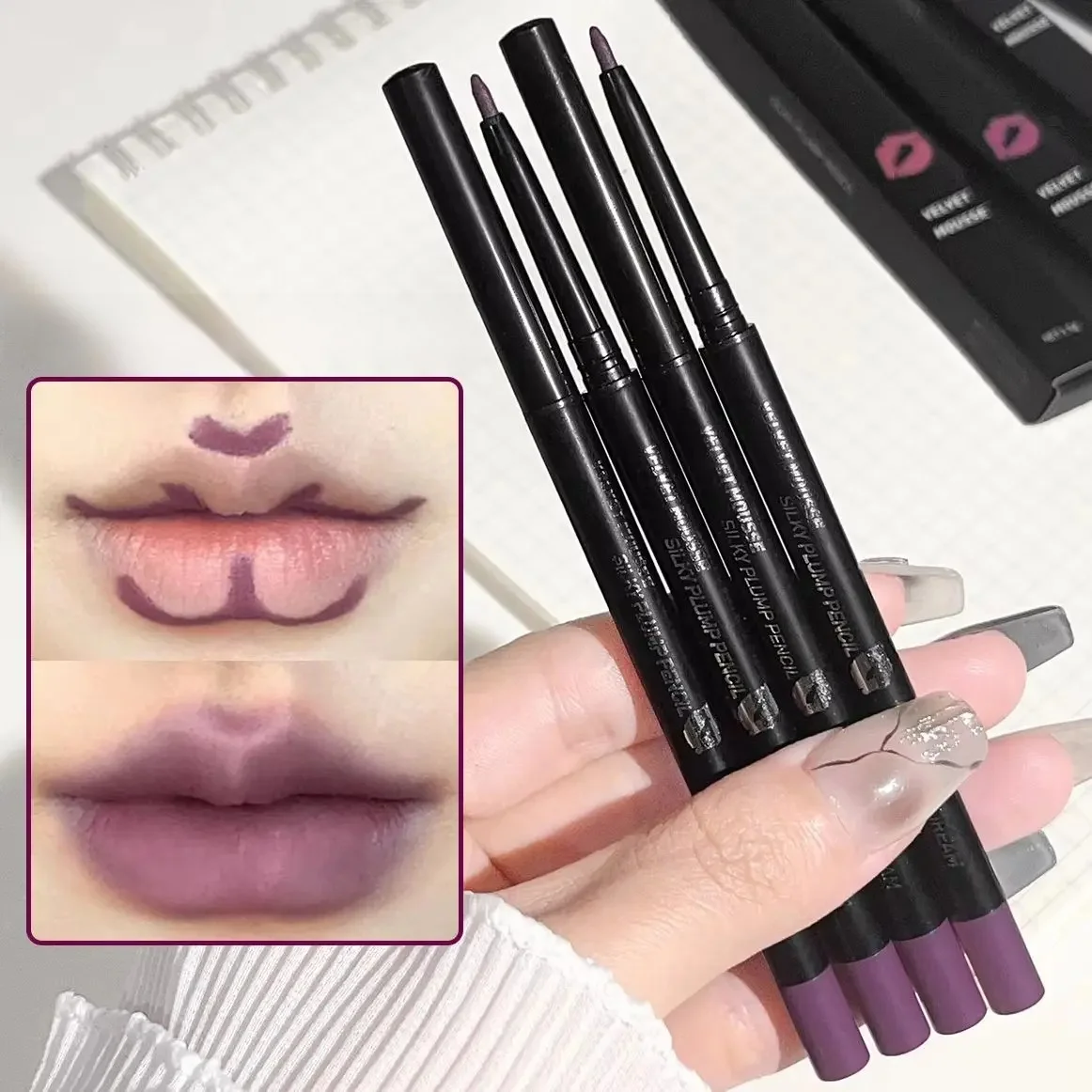 Crayon à lèvres coloré, pêche marron baies, tasse antiadhésive nue durable, crayon à lèvres de maquillage, couleur lisse à trois dimensions