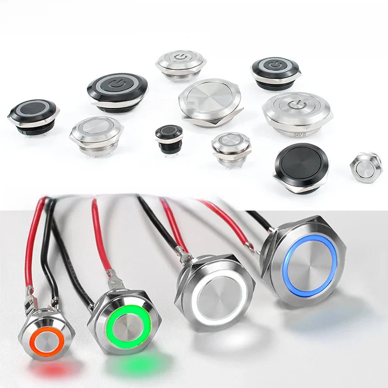 12/16/19/22/25/30mm krótki skok Mini wodoodporny metalowy przełącznik wciskany zasilanie Led Light chwilowy 5/12/24/220V czarny 1NO — zdjęcie 2