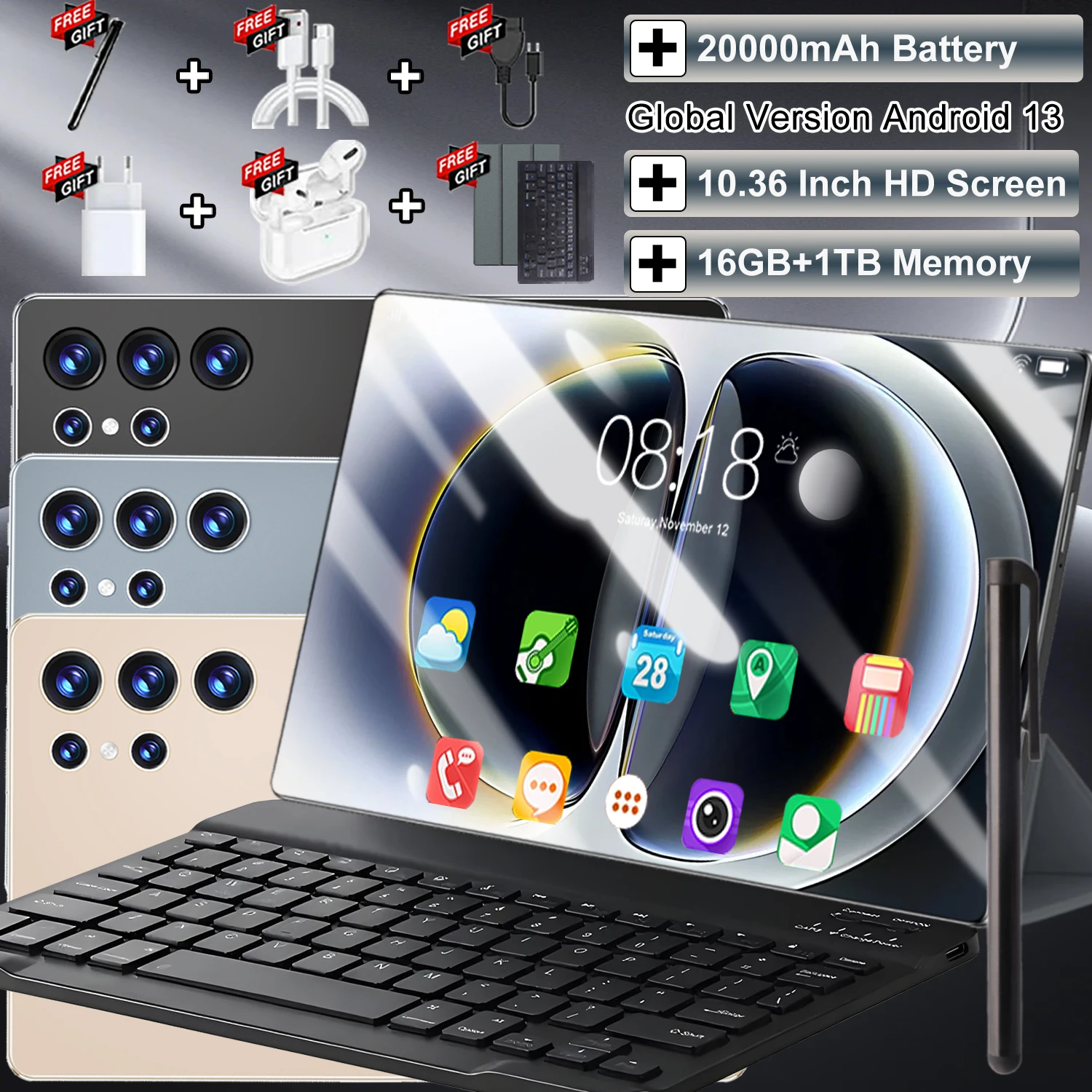 Nouvelle arrivée 2026 : Tablette Android 10,36 pouces avec puce phare 14 cœurs, 16 Go de RAM + 1 To de stockage, batterie 20000 mAh à autonomie ultra-longue, double SIM 5G et Wi-Fi haute vitesse fluide, caméras 16MP avant et 32MP arrière, tablette légère pour cours en ligne et édition de documents.