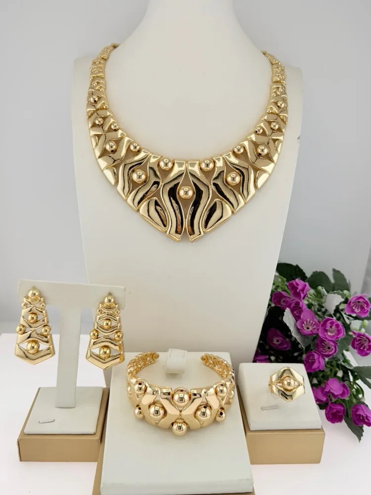 Luxury Geometric Three Tone Italian Jewelry Set Statement Trendy Collar Brazalete Aretes Anillo 4PC Jewels Set for New Year Gift