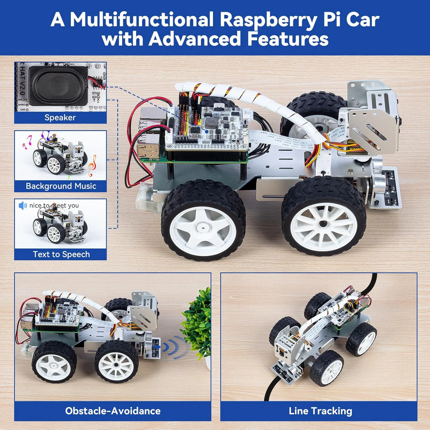 Kit de Carro Robô Inteligente CC SunFounder Picar-X AI para Raspberry Pi 5/4/3B+/Zero 2w, Openclaw LLMs ChatGPT/Gemini/Grok Python, Scratch