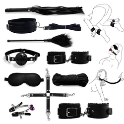 BDSM Restrain Leather Plush Bondage Gear For Men Set Harness Handcuff Choker Collar Gag Ball Sex Straps Rope Whip Nipple Clamp