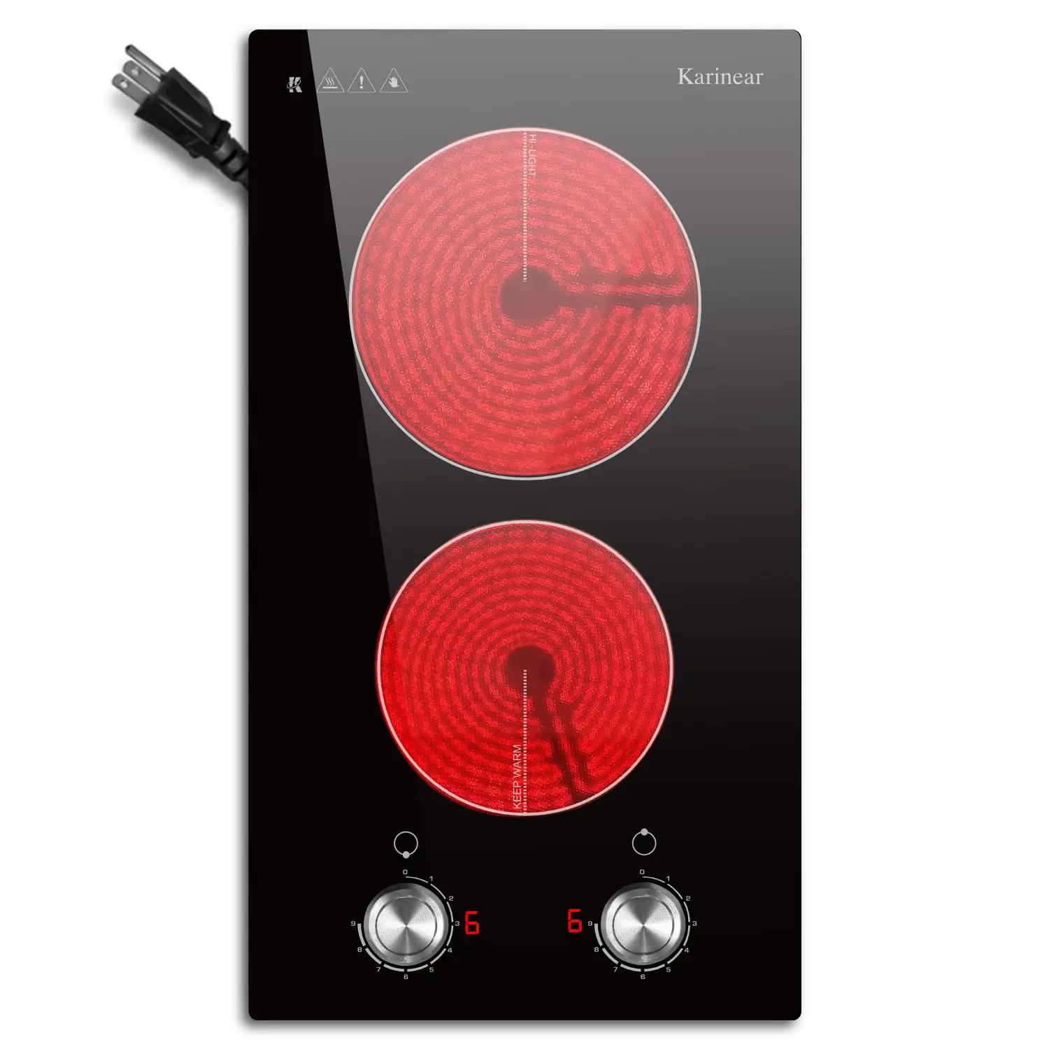 Karinear 110V Electric Cooktop 2 Burners Electric Stove 12 Inch Knob Control Countertop & Built-in Ceramic Cooktop, 9 Heating Level, Hot Warning, Over-Temperature Protection(Silver Knob)