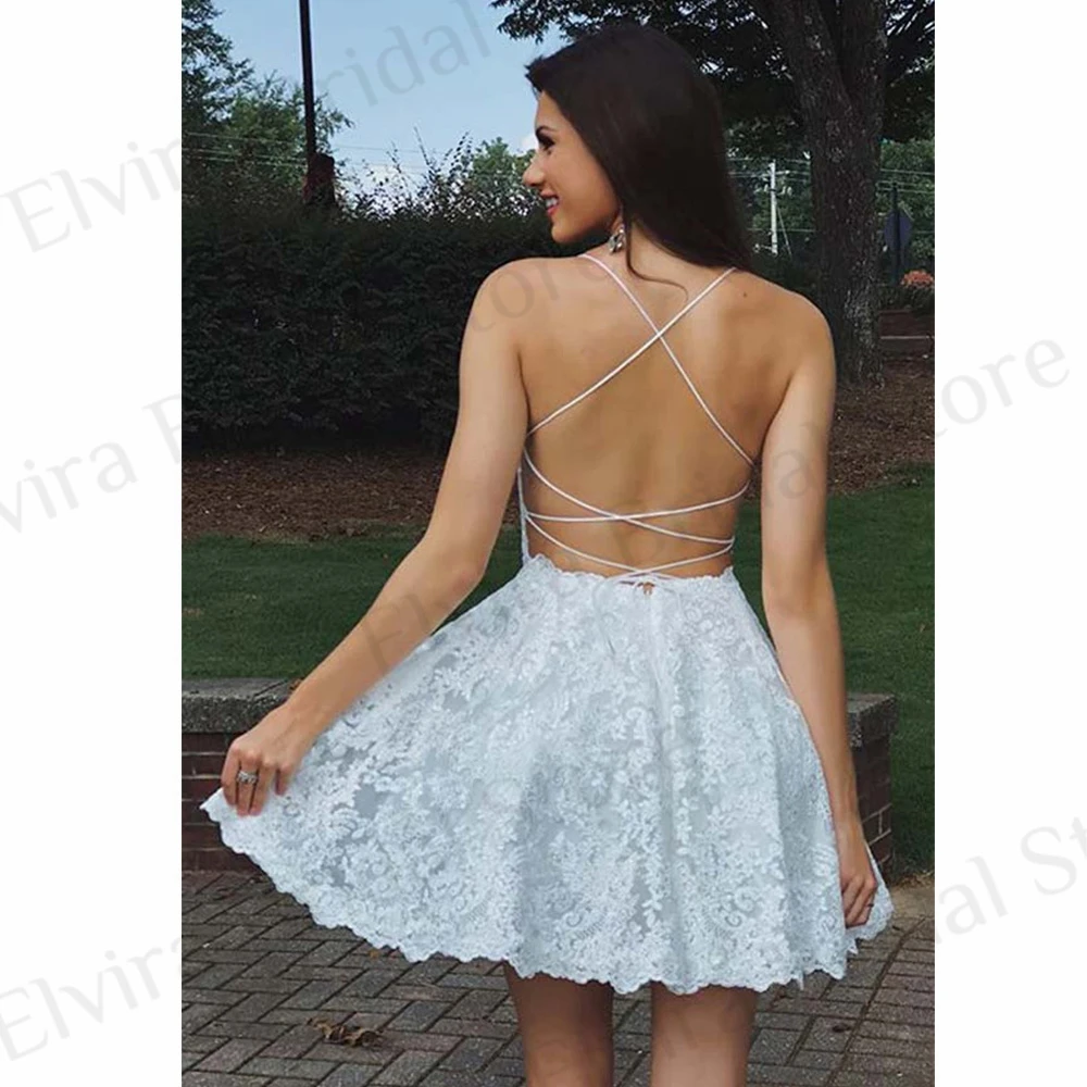 Gaun Homecoming renda Applique elegan gaun pesta pendek wanita tanpa tali Spaghetti Backless bertali bahu 2023