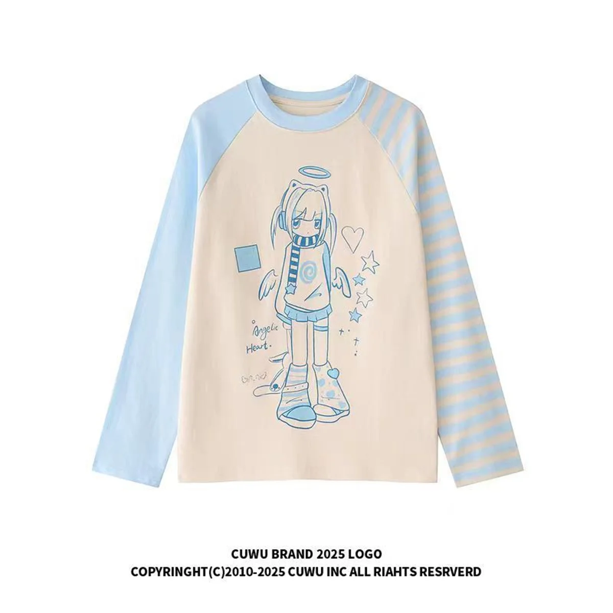 Cartoon-Grafik Damen T-Shirts Kawaii Blau Gestreift Schwarz Langarm-Shirts Cutecore Japanischer 2000er-Stil Oversize Casual Tops – Detail 2