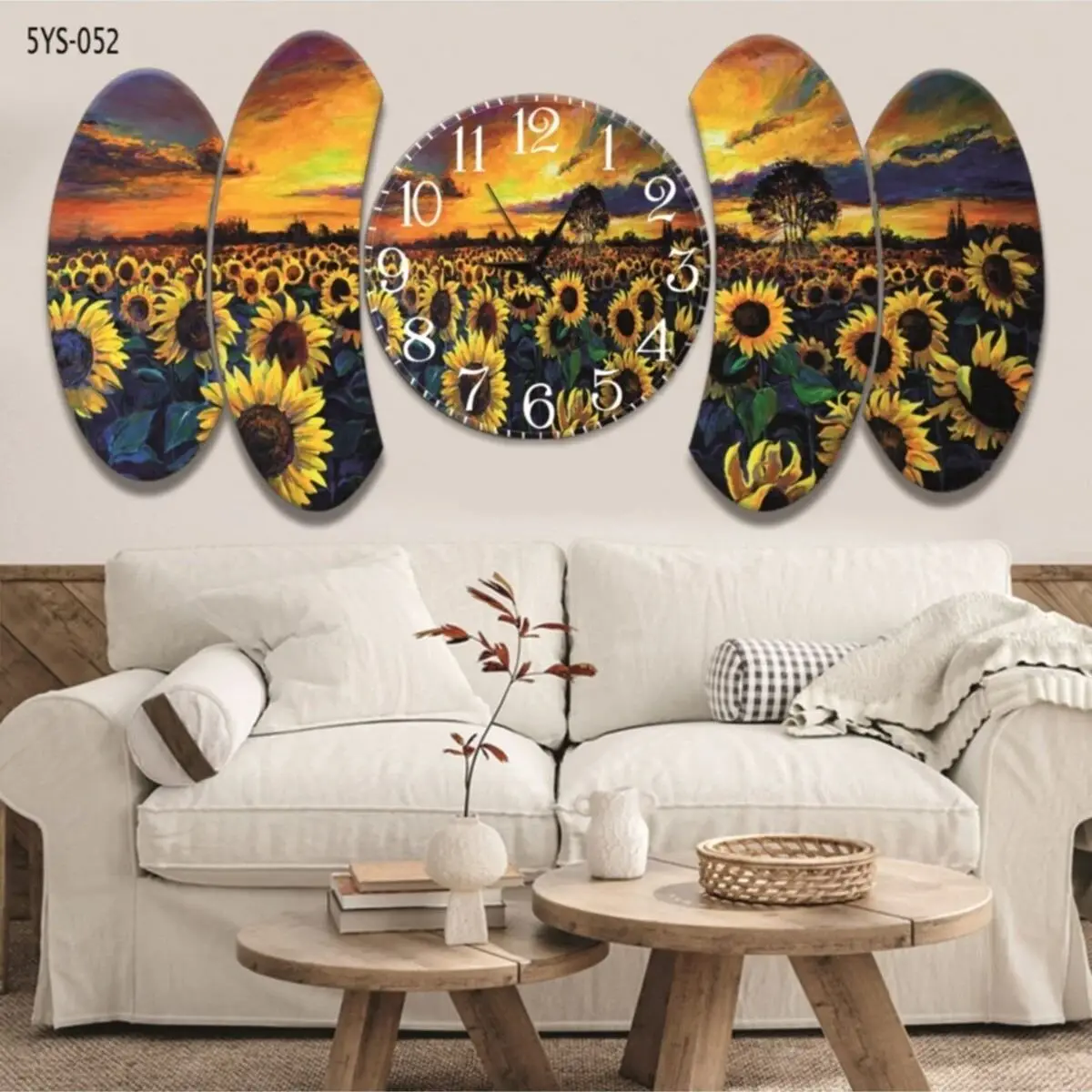 5 Panel Sunflower Doğa Themed Design Saatli Mdf Table Big size Luxury Wall Clock Large Size Table European Model Hand handmade Table