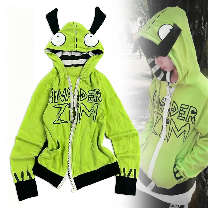 Sudadera con capucha de cosplay de Anime Invader Alien Zim, abrigo con capucha y cremallera para adultos, disfraz unisex, ideal para Halloween, carnaval, fiestas y uso diario.