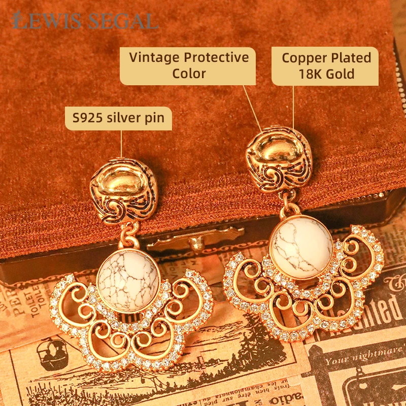 LEWIS SEGAL-pendientes de estilo Medieval de lujo para mujer, joyería fina, Vintage, blanco, turquesa, calado, grande, chapado en oro de 18K