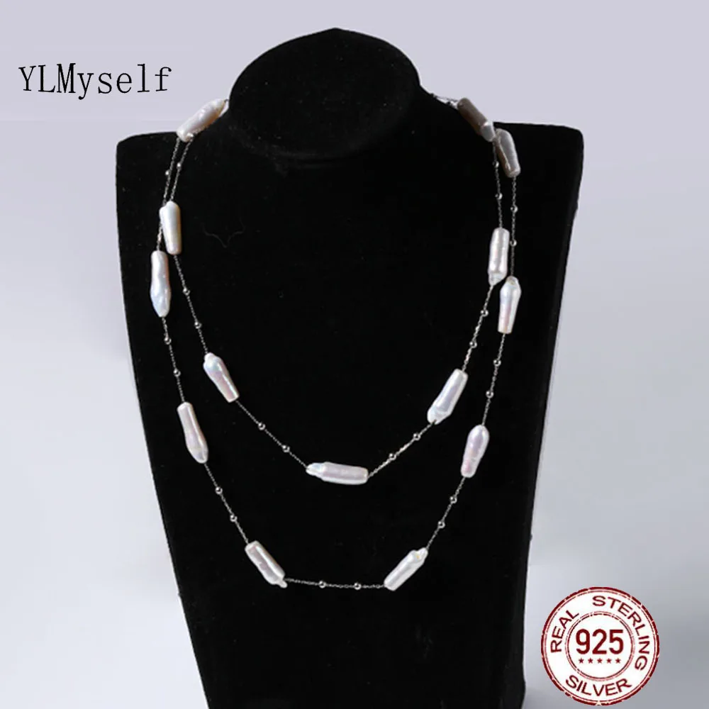 YLMYself 925 Sterling Silver Freshwater Pearl Necklace 80cm Double Layer Elongated 5-6mm Wide Slightly Imperfect Chain
