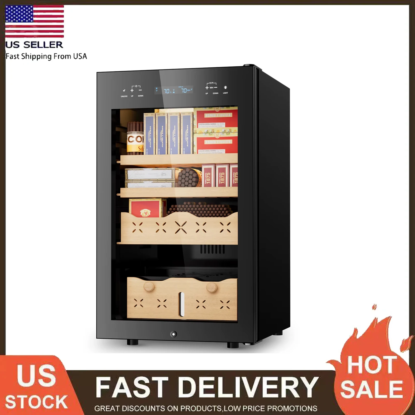 

65L Electric Cigar Humidor, 500 Counts Large Capacity, Intelligent Temperature & Humidity Control