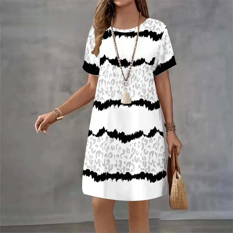Robe d'été à rayures géométriques pour femmes, ample, décontractée, manches courtes, col rond, ligne a, Mini robe de plage