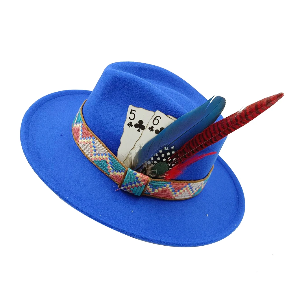 Jazz wool hat Panama hat European and American style hat Poker feather decorated wool wide brim hat party hat chapeau femme