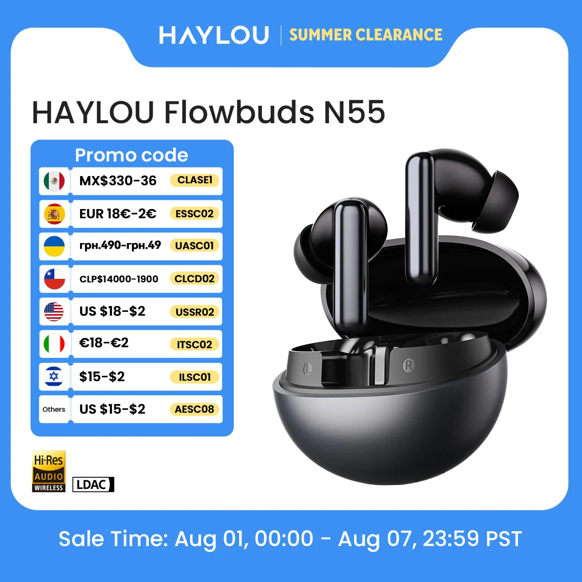 Écouteurs sans fil HAYLOU Flowbuds N55, réduction de bruit adaptative ANC 54 dB, Bluetooth 6.0, audio haute résolution LDAC, appels HD 6 micros, autonomie 40 h, IPX5