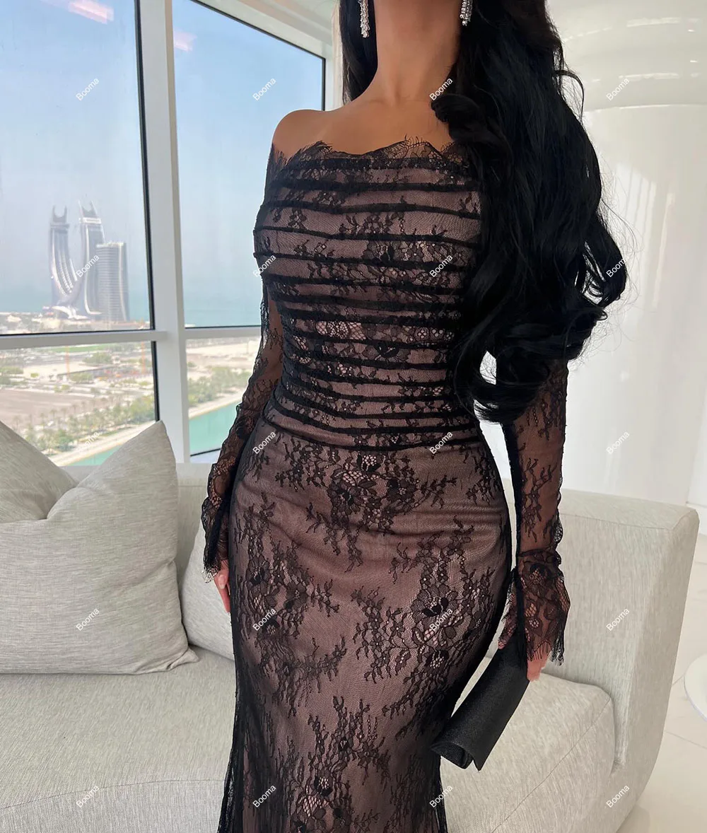 Booma Lace Mermaid Evening Dresses Full Sleeves Boat Neck Long Formal Occasion Gowns Saudi Arabic Prom Party Dresses Dubai