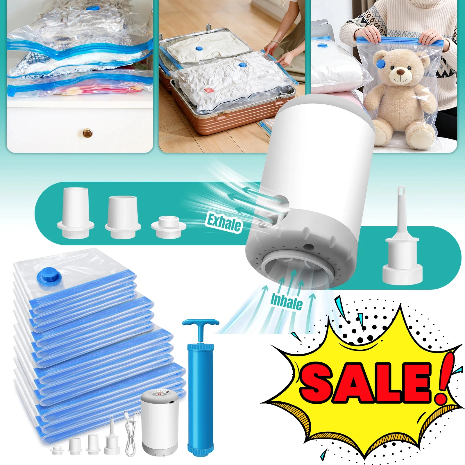Set Completo di Sacchetti Sottovuoto - 12 Sacchetti (da 40x60 a 70x100cm) + Pompa Elettrica Ricaricabile 2-in-1 + Pompa Manuale - Soluzione Salvaspazio per la Casa