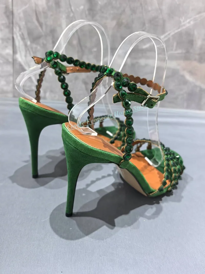 

Fashion Diamond Woman Stiletto High Heel Sandals Shoes Female Peep Toe Buckle Ankle Strap Green Party Wedding Sandal Shoes