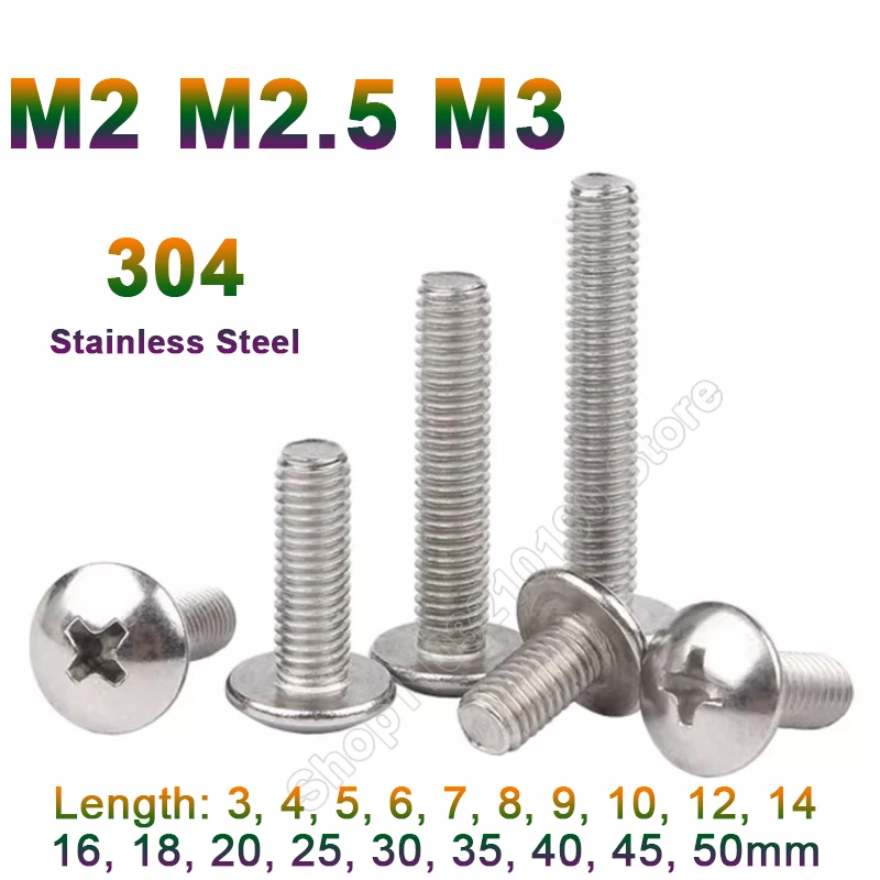 

50-300pcs 304 A2-70 Stainless Steel Phillips Truss Head Bolt Cross Flat Head Large Round Screw Bolts M2 M2.5 M3 length 3-50mm