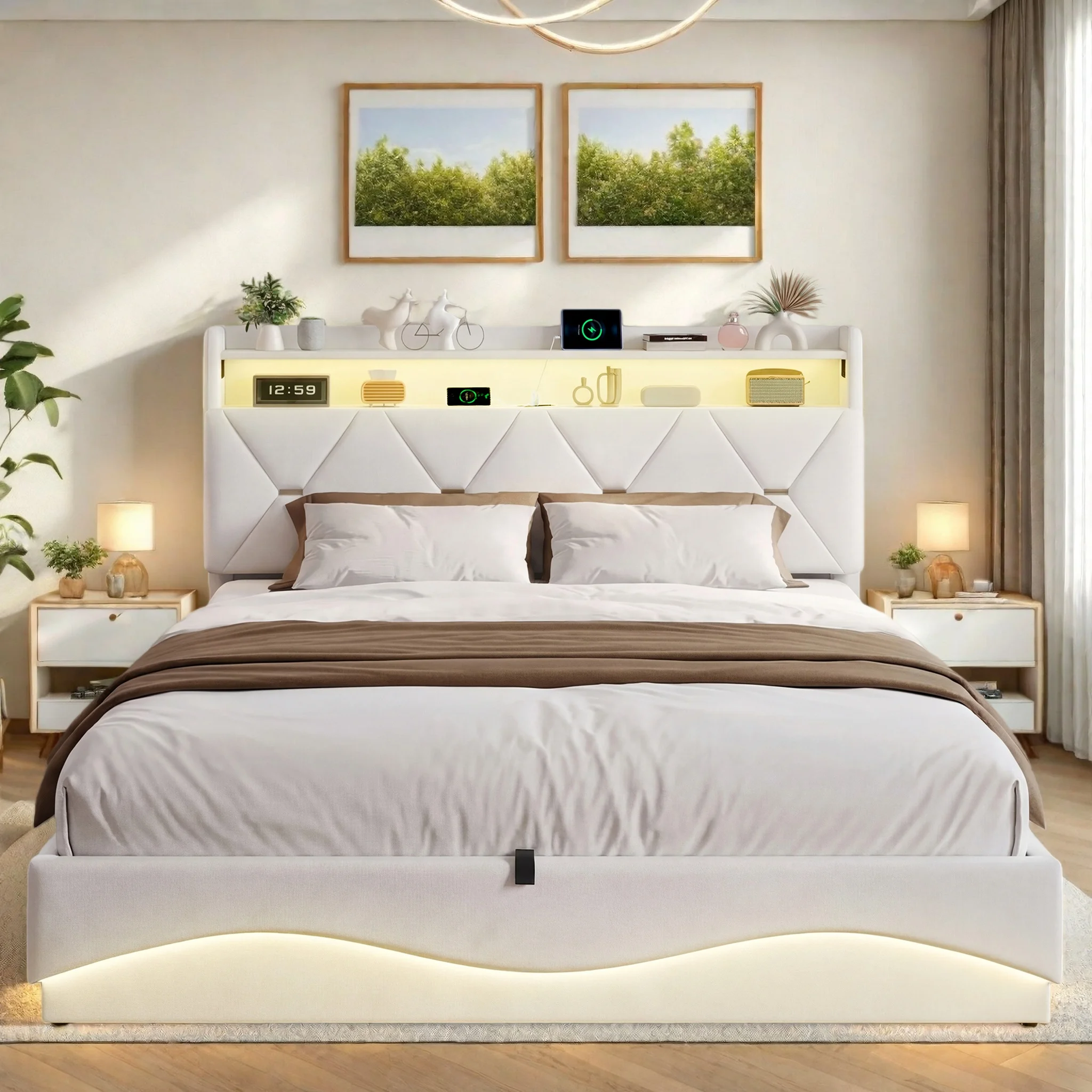 Gestoffeerd tweepersoonsbed 140x200, hydraulisch opbergbed met led- en usb-aansluiting, boxspringbed 160x200, kinderbed met opbergbaar hoofdeinde, bedframe met lattenbodem, fluweel, beige/grijs