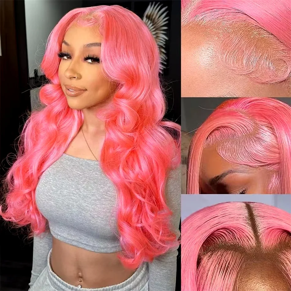 Body Wave Lace Frontal Wig 13x6 Pink Human Hair Wig 200% Density 13x4 Hd Lace Frontal Wigs For Women