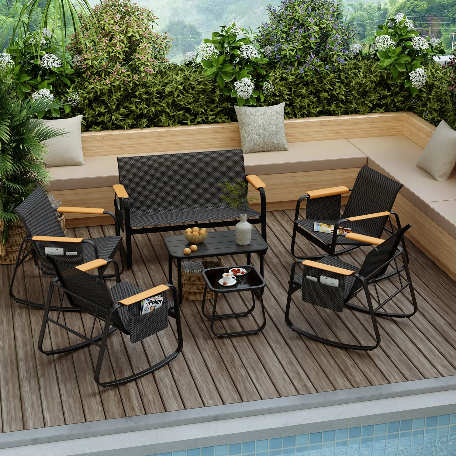 7-Piece Weather Resistant Textilene Outdoor Patio Conversation Set, Loveseat & Rocking Chairs with Storage Pocket Armrests, 2 Matching Side Tables for All Season Outdoor Use