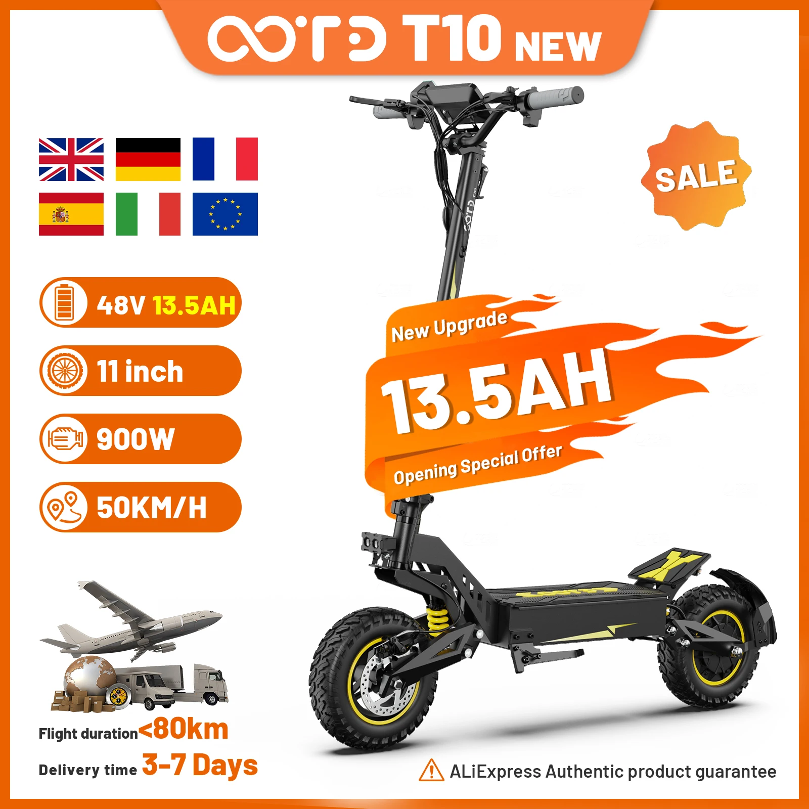 11 pouces tout-terrain pneus EScooters OOTD T10 900W 48V 13.5Ah batterie affichage LED Scooter électrique pour adultes