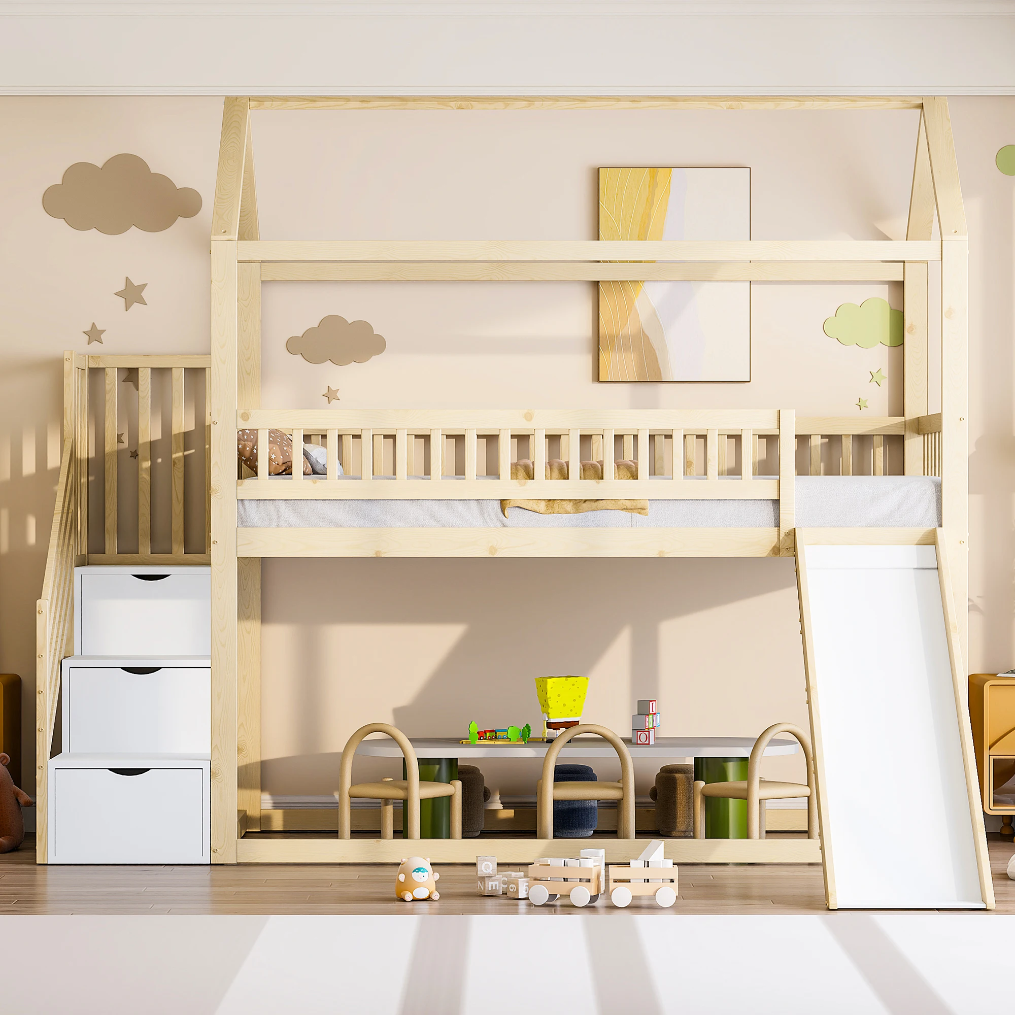 Afbeelding 7: Kinderstapelbed 90*200 cm hoog bed met glijbaan en opbergladder hoge omheining constructie massief houten bedframe met lattenbodem
