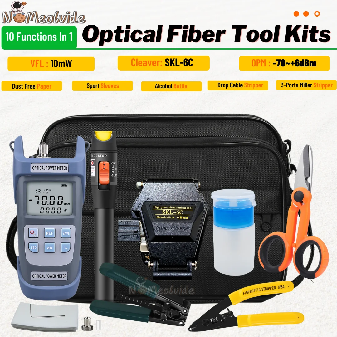 

Hot Fiber Optic FTTH Tool Kit with SKL-6C Fiber Cleaver Optical Power Meter 10MW Visual Fault Locator Wire stripper suit sale