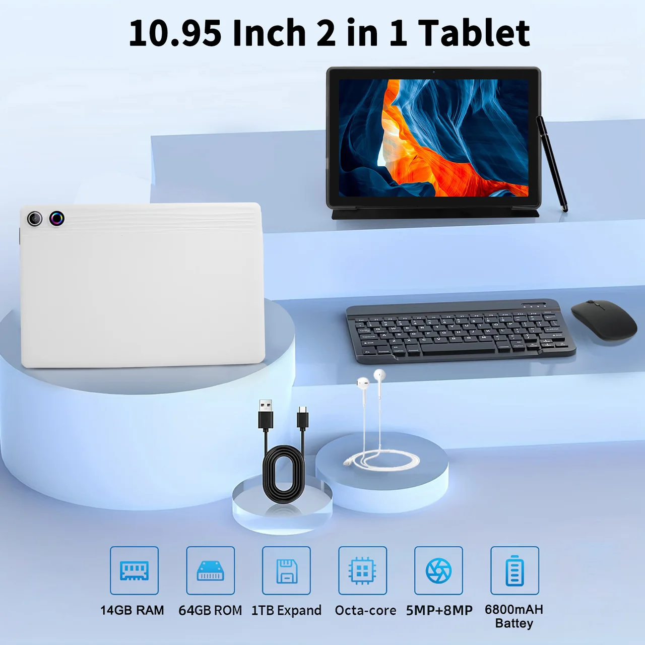 Tablet Android 14 da 11 pollici Octa-Core 14 GB + 64 GB 1 TB Espandi batteria da 6800 mAh con custodia protettiva Stilo Tastiera Mouse Cuffie