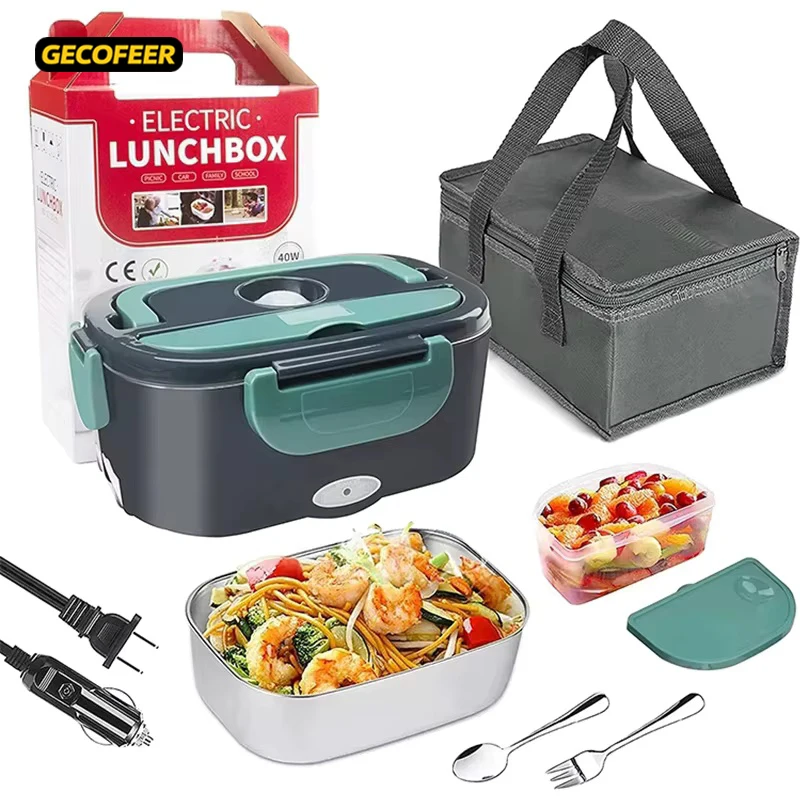 Boîte à lunch chauffante électrique GECOFEER avec récipient en acier inoxydable amovible, chauffe-aliments portable pour voiture, bureau, école
