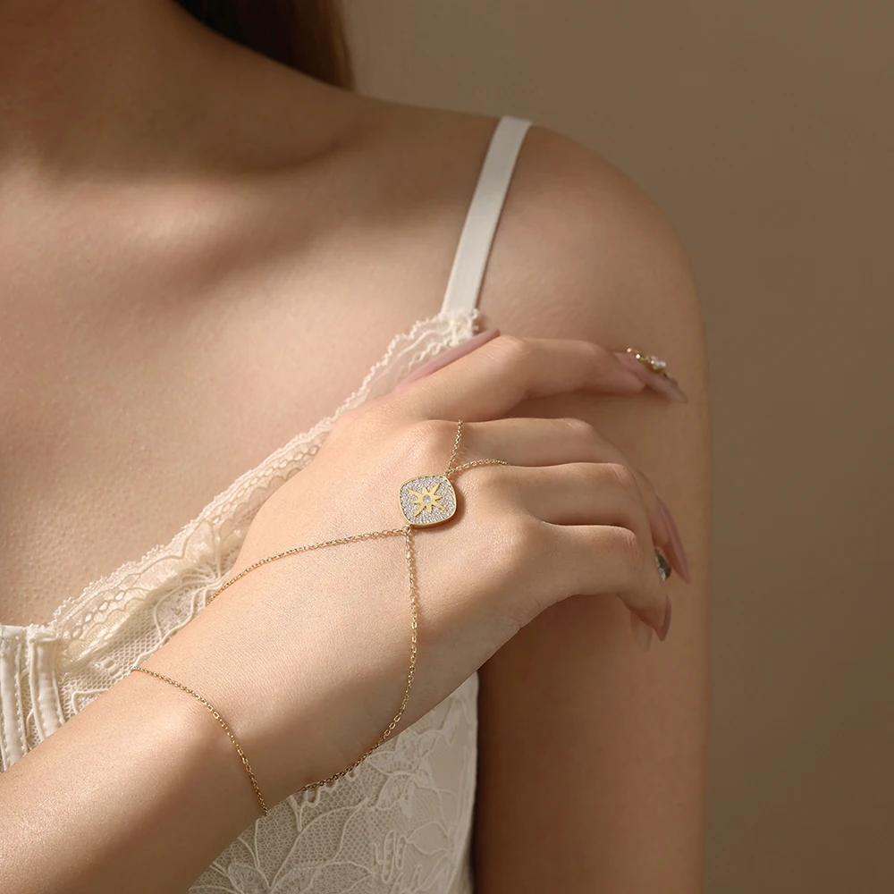 ATTAGEMS سوار وخاتم بتصميم سلسلة يد عتيقة من أتاجمز للنساء، مصنوع من الفضة عيار 925 ومطلي بالذهب عيار 18 قيراطًا، مرصع بأحجار المويسانايت، هدية مثالية للحفلات والخطوبة #5