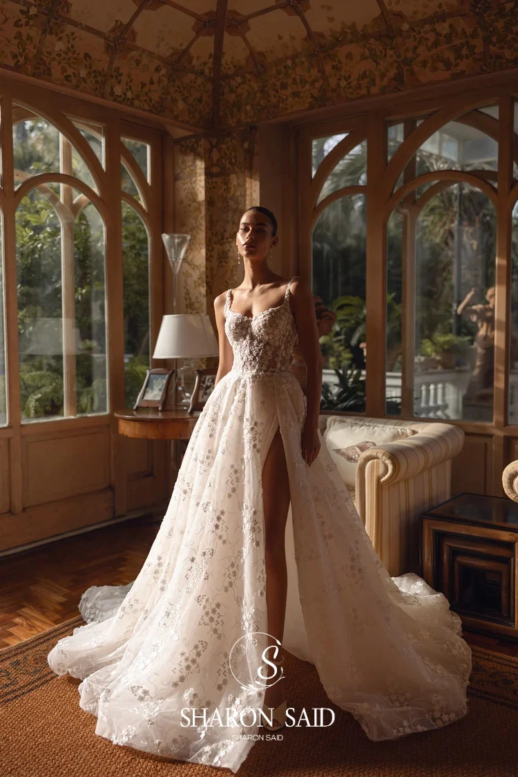 Sharon Said 2025 Romantic Sweetheart Appliques A-Line Tulle Wedding Dress Side Slit Court Train Bridal Gowns SW363 Customized