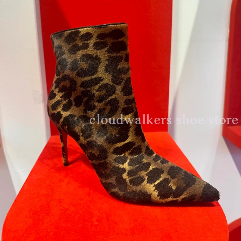 

Velvet Leopard Print Sexy Women's Stiletto Ankle Boots Pointed Side Zipper Mature Ladies Autumn Winter New Fashion Short Boots