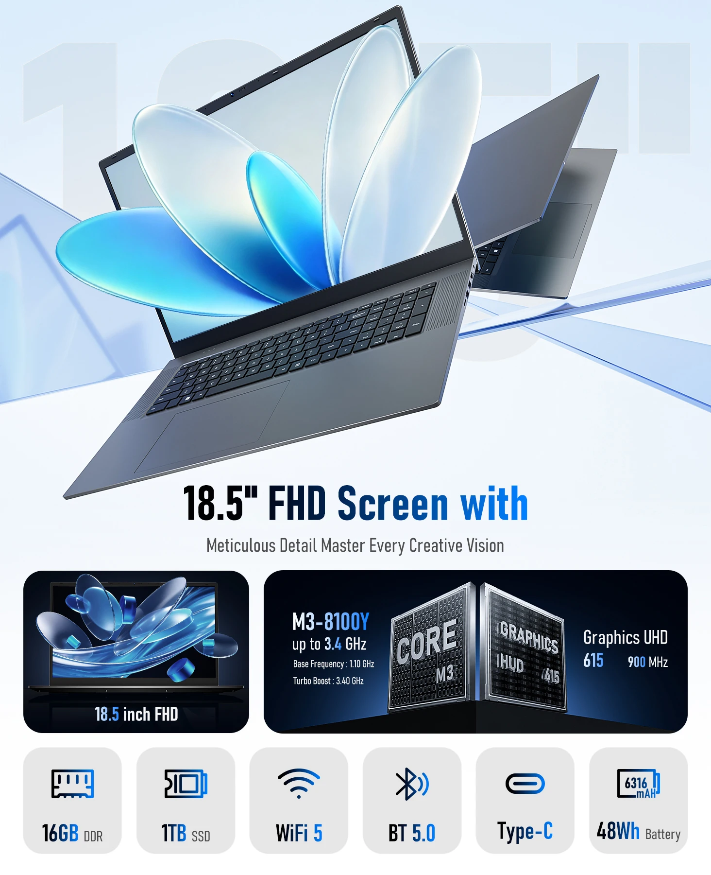 18.5' Laptop Intel Core M3-8100Y 3.4GHz, 16GB RAM 1TB SSD, Win 11 Pro Notebook Computer, FHD IPS Display 1920x1080, Full Keyboard with Numeric Keypad, USB-C HDMI RJ45, Dual Screen Support, Laptop for Work & Study