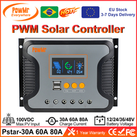 PowMr 30A 60A 80A PWM Solar Charge Controller Work for 12V 24V 36V 48V Battery LED Screen USB 5V 2A Max PV 100V Slient Operation