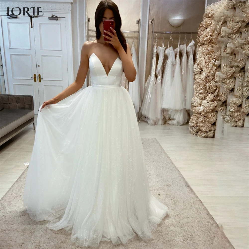 

LORIE Simple Solid Wedding Dresses Off Shoulder A-Line V-Neck Tulle Skirt Bridal Gown Princess Bride Dress vestidos de novia