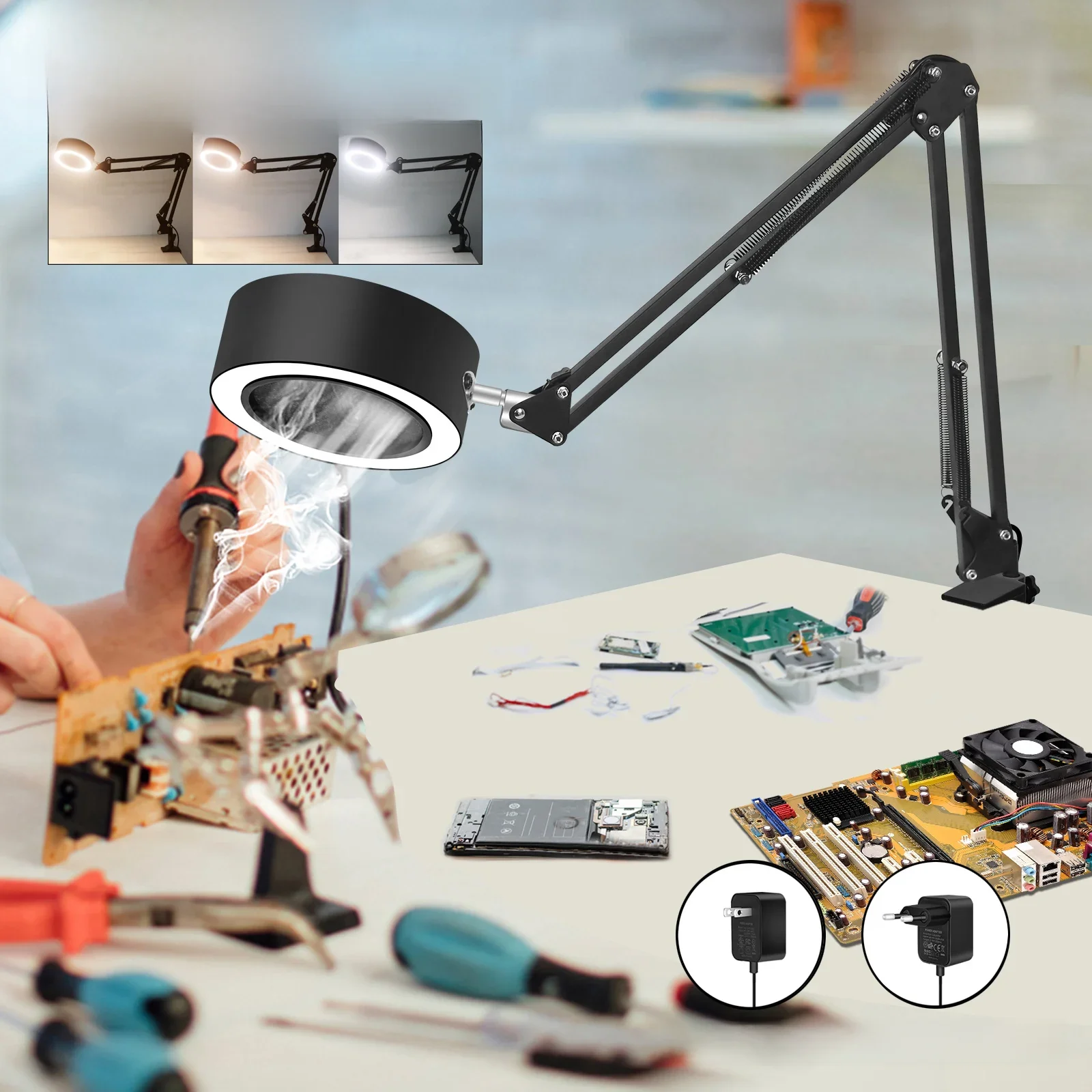 Toolour – absorbeur de fumée d'aspiration de soudage, ventilateur de fumée 12V, ventilateur de soudage avec 48 led, lumière 3 couleurs pour Station de soudage, bricolage, passe-temps