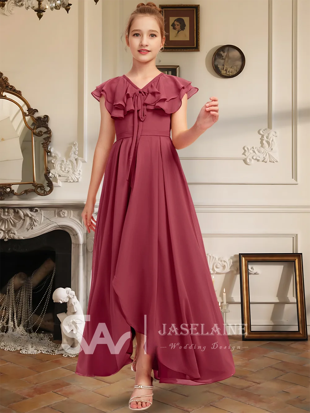 

A Kids A Line V Neck Floor Length Chiffon Junior Bridesmaid Dress With Bow Short Sleeve Flower Girl Dress Wedding Party Formal