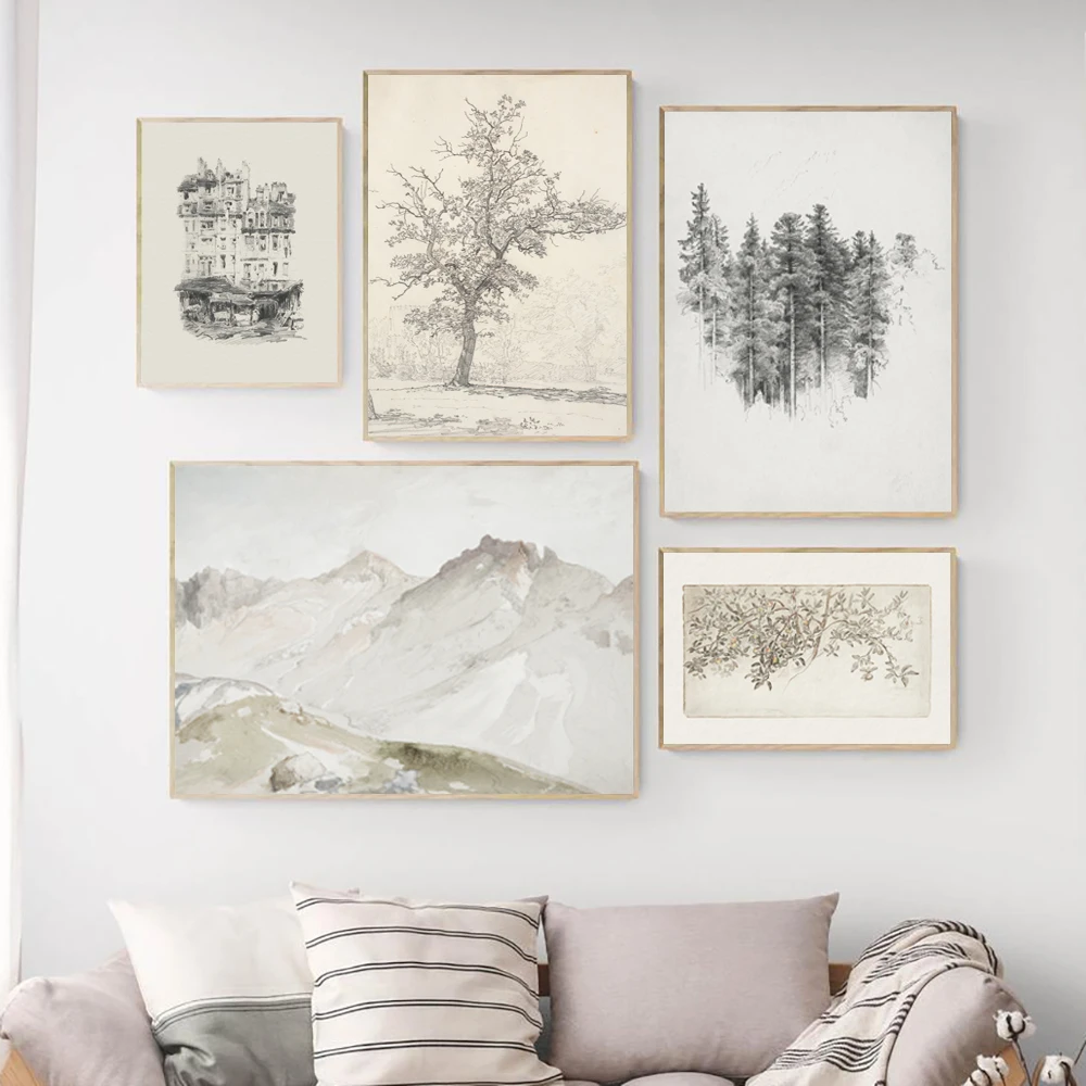 Neutral Tree Sketch Prints Vintage Pine Tree Pencil Drawing Canvas Poster, Retro Architecture Sketch Art Painting Rustic Decor