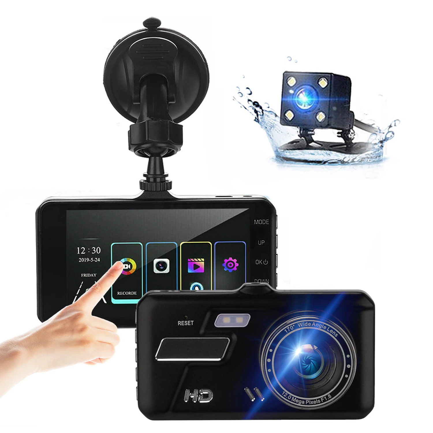 Dash Cam con Display Touch 1080P, Registrazione Doppia, Schermo Touch, DVR Grandangolare, Telecamere Durevoli, Monitor per Parcheggio e Retromarcia