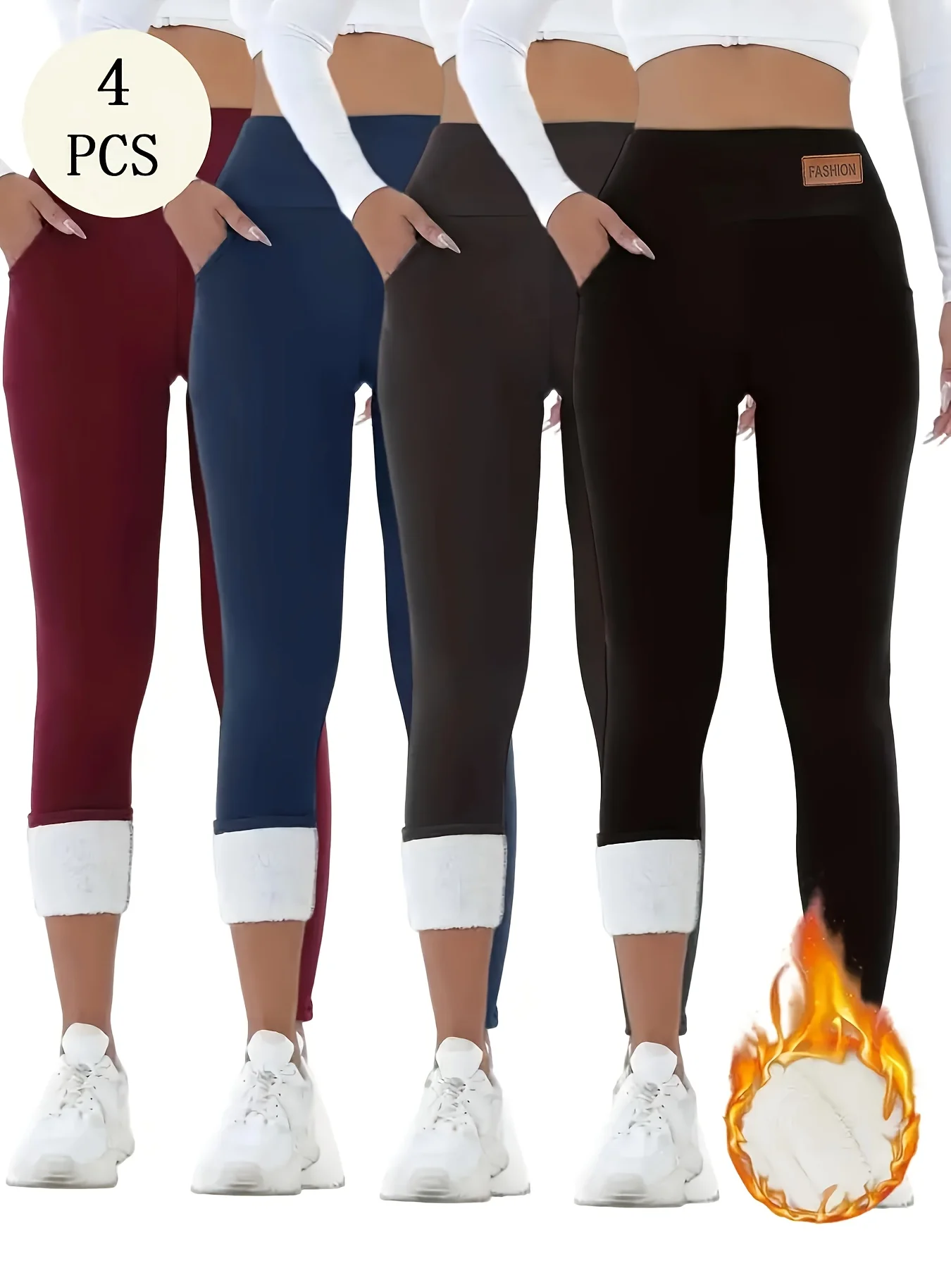 

4pcs Women's High Waisted Fleece Lined Leggings - Soft Pants, Fashionable Pants, Full-Length Workout