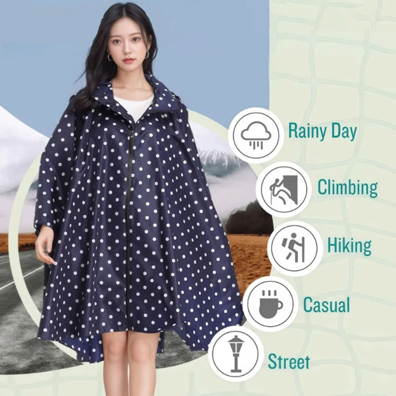 

Портативное дождевое пончо на молнии для взрослых с узором в белый горошек унисекс, подходящее для активного отдыха, таких как походов и езды на велосипеде.