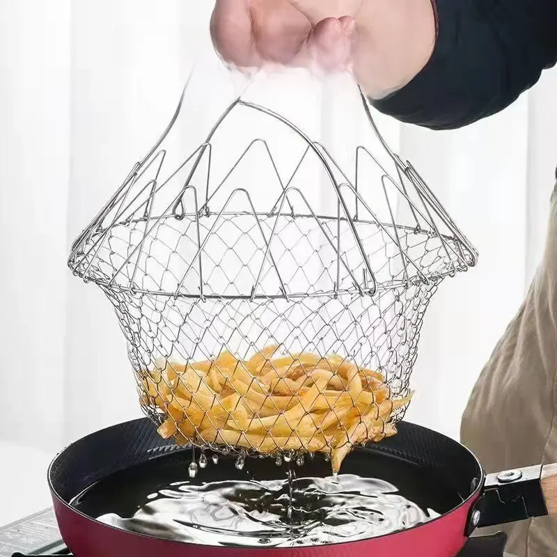 1PC En Acier Inoxydable Pliable Multifonctionnel Friteuse Panier Français Fry Passoire Appareil De Cuisine Est Durable
