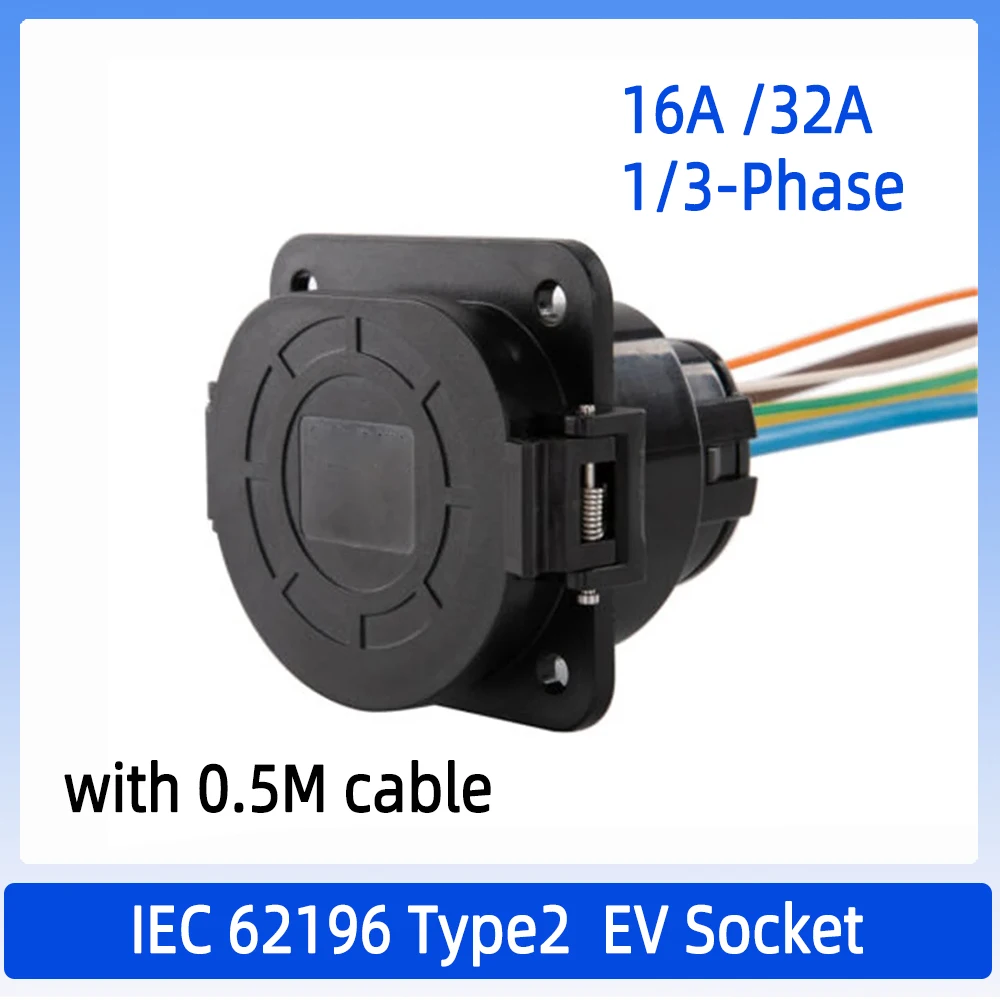 EV Charging Type 2 Male Socket Connector Outlet IEC 62196-2 32A 3 Phase 480V 22KW 4 Point Fixed AC for Electric Vehicle T2