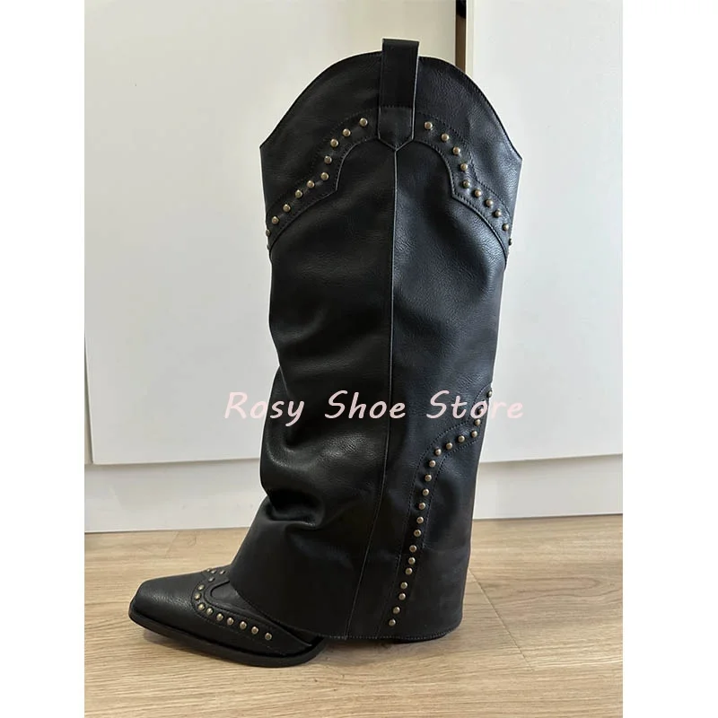 

Women's Earthy Gray Fashion Rivet Design Pointed Toe Sexy Trouser Boot Retro V-Shaped Mouth Square Heel Side Zipper Western Boot
